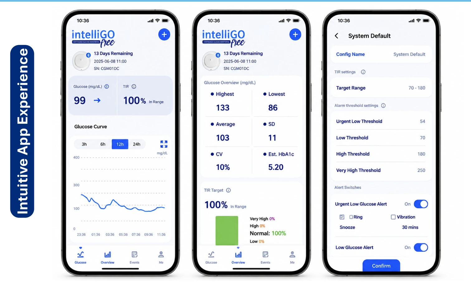 Three full iGO pro smartphone app screens from the approved IntelliGO Free 2026 HCP brochure: glucose curve, overview and alert settings